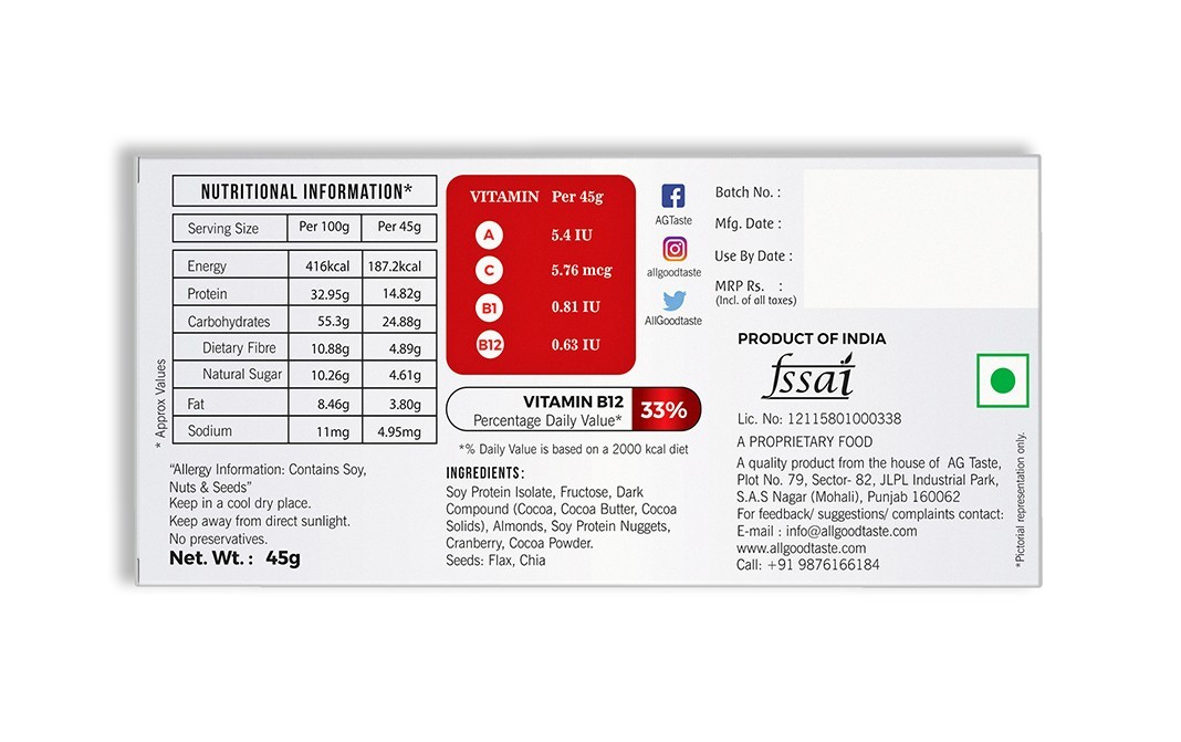 All Good Taste Protein Bar Chocolate Cranberry Almond   Box  45 grams